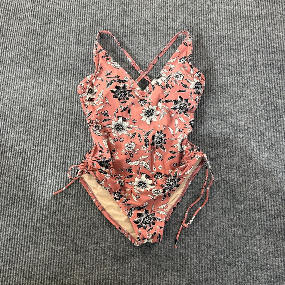Kona Sol One Piece Swimsuit Womens Medium M Pink Floral V-Neck Cinch Side Tie